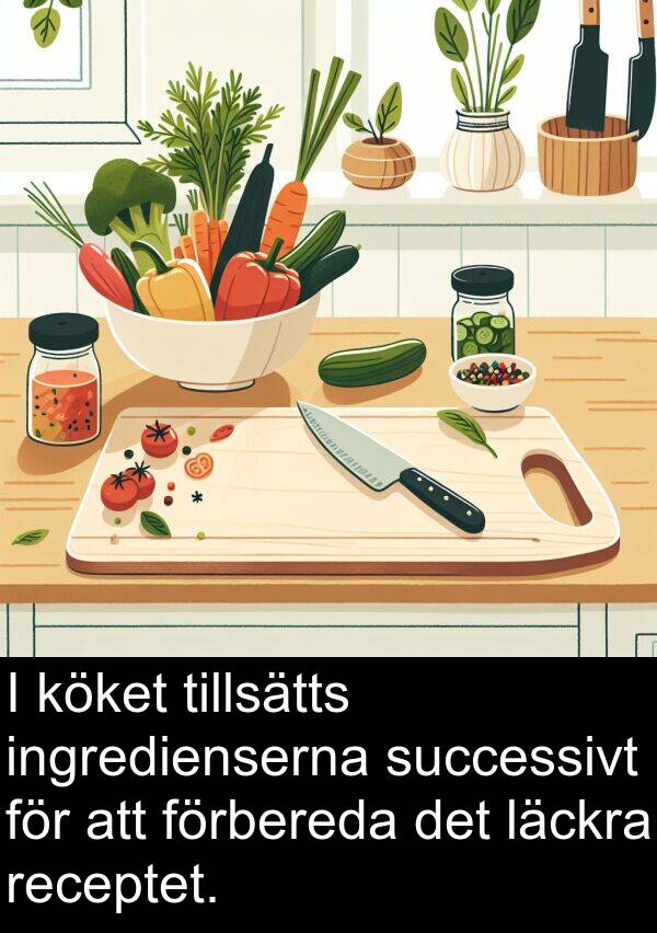 läckra: I köket tillsätts ingredienserna successivt för att förbereda det läckra receptet.