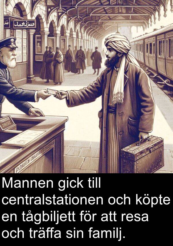 centralstationen: Mannen gick till centralstationen och köpte en tågbiljett för att resa och träffa sin familj.