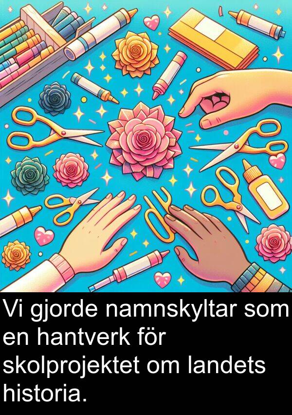 landets: Vi gjorde namnskyltar som en hantverk för skolprojektet om landets historia.