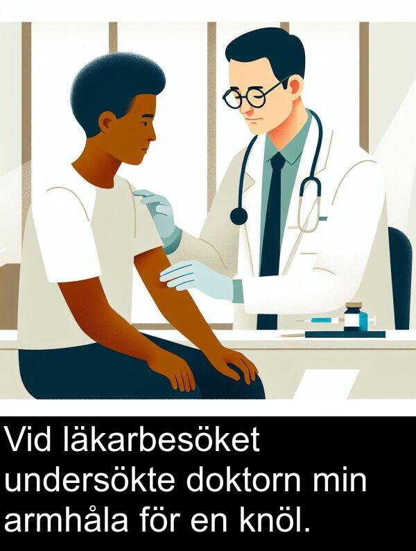 undersökte: Vid läkarbesöket undersökte doktorn min armhåla för en knöl.