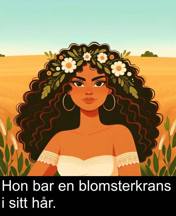 bar: Hon bar en blomsterkrans i sitt hår.