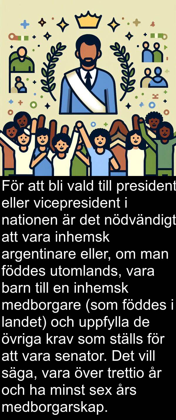 landet: För att bli vald till president eller vicepresident i nationen är det nödvändigt att vara inhemsk argentinare eller, om man föddes utomlands, vara barn till en inhemsk medborgare (som föddes i landet) och uppfylla de övriga krav som ställs för att vara senator. Det vill säga, vara över trettio år och ha minst sex års medborgarskap.