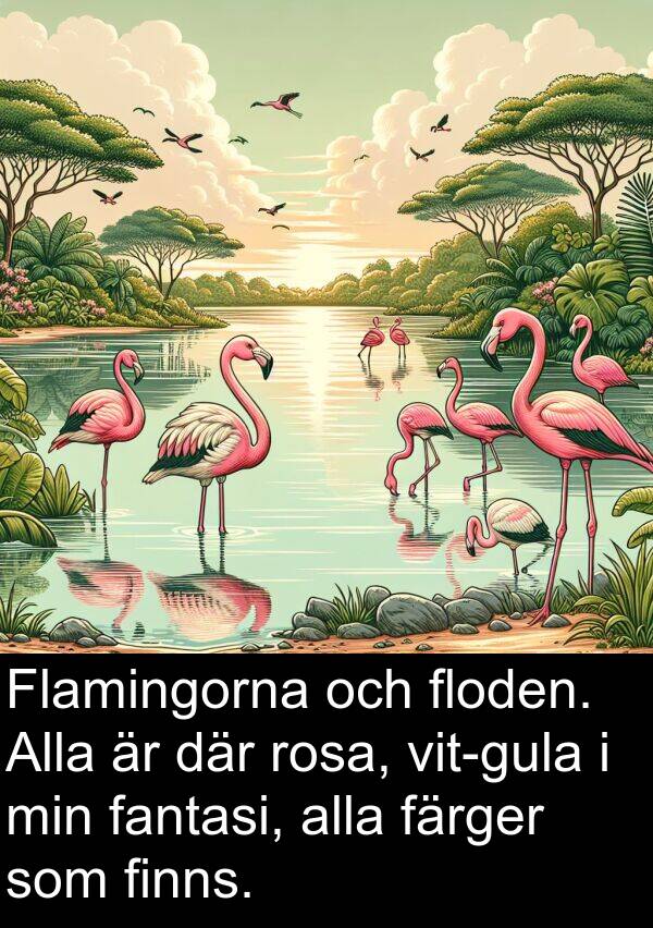 fantasi: Flamingorna och floden. Alla är där rosa, vit-gula i min fantasi, alla färger som finns.