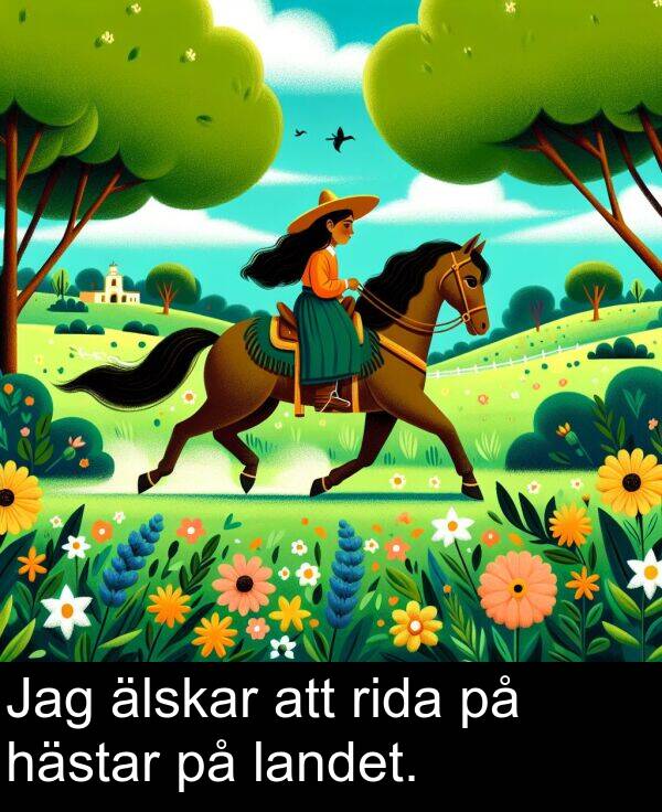 landet: Jag älskar att rida på hästar på landet.