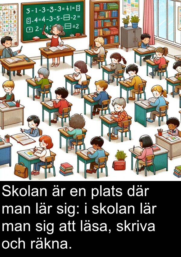 man: Skolan är en plats där man lär sig: i skolan lär man sig att läsa, skriva och räkna.