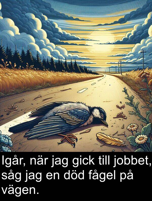 såg: Igår, när jag gick till jobbet, såg jag en död fågel på vägen.