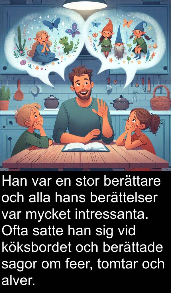 sagor: Han var en stor berättare och alla hans berättelser var mycket intressanta. Ofta satte han sig vid köksbordet och berättade sagor om feer, tomtar och alver.