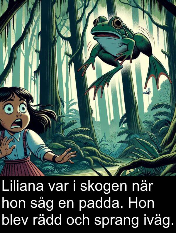 rädd: Liliana var i skogen när hon såg en padda. Hon blev rädd och sprang iväg.