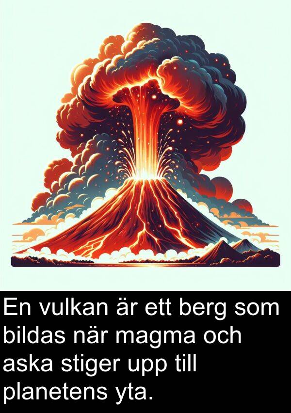 magma: En vulkan är ett berg som bildas när magma och aska stiger upp till planetens yta.