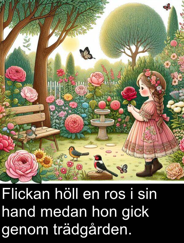 genom: Flickan höll en ros i sin hand medan hon gick genom trädgården.