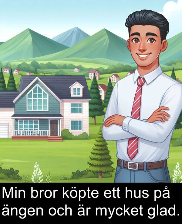 ängen: Min bror köpte ett hus på ängen och är mycket glad.