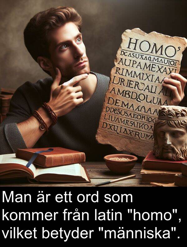 kommer: Man är ett ord som kommer från latin "homo", vilket betyder "människa".