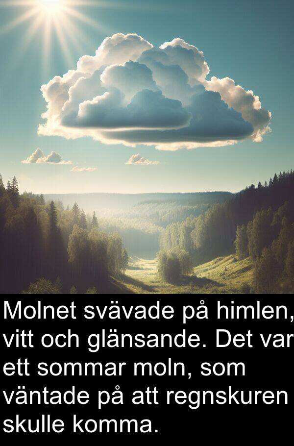 glänsande: Molnet svävade på himlen, vitt och glänsande. Det var ett sommar moln, som väntade på att regnskuren skulle komma.