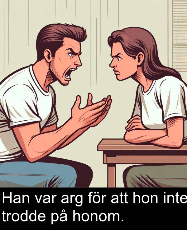 arg: Han var arg för att hon inte trodde på honom.