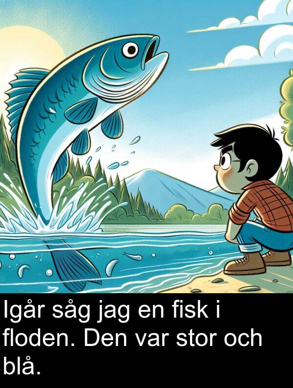 såg: Igår såg jag en fisk i floden. Den var stor och blå.