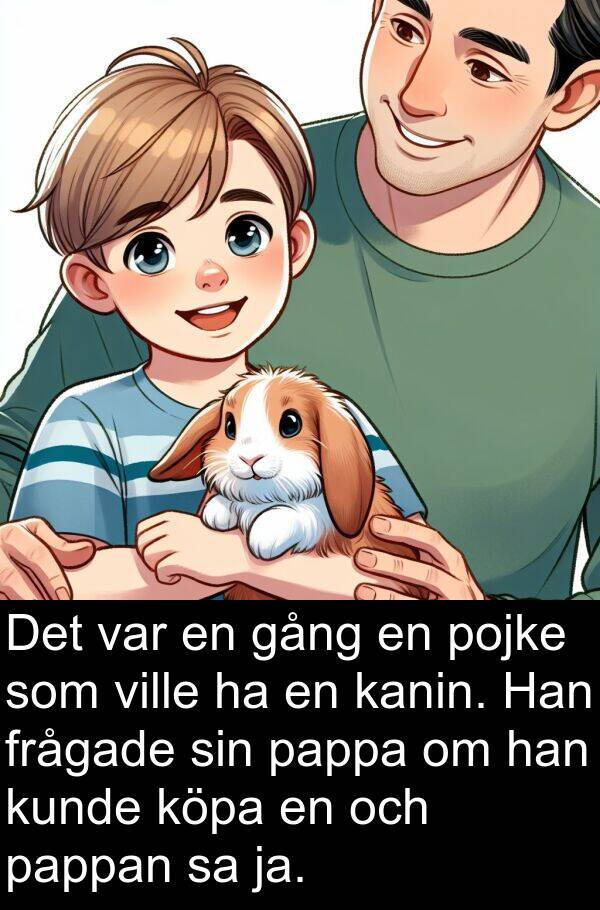 gång: Det var en gång en pojke som ville ha en kanin. Han frågade sin pappa om han kunde köpa en och pappan sa ja.