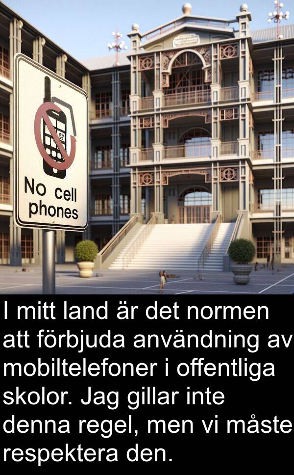 land: I mitt land är det normen att förbjuda användning av mobiltelefoner i offentliga skolor. Jag gillar inte denna regel, men vi måste respektera den.