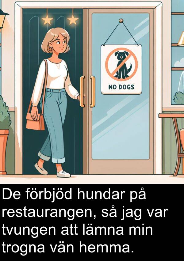 lämna: De förbjöd hundar på restaurangen, så jag var tvungen att lämna min trogna vän hemma.