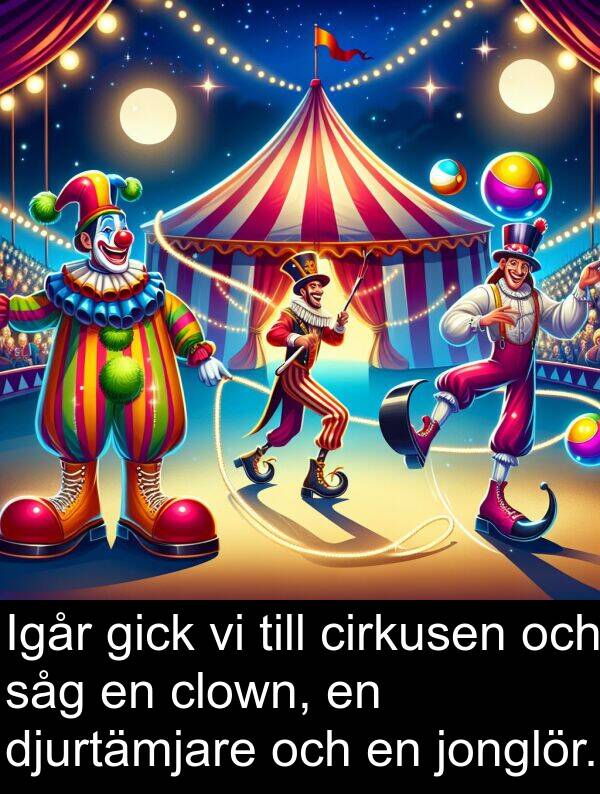 cirkusen: Igår gick vi till cirkusen och såg en clown, en djurtämjare och en jonglör.