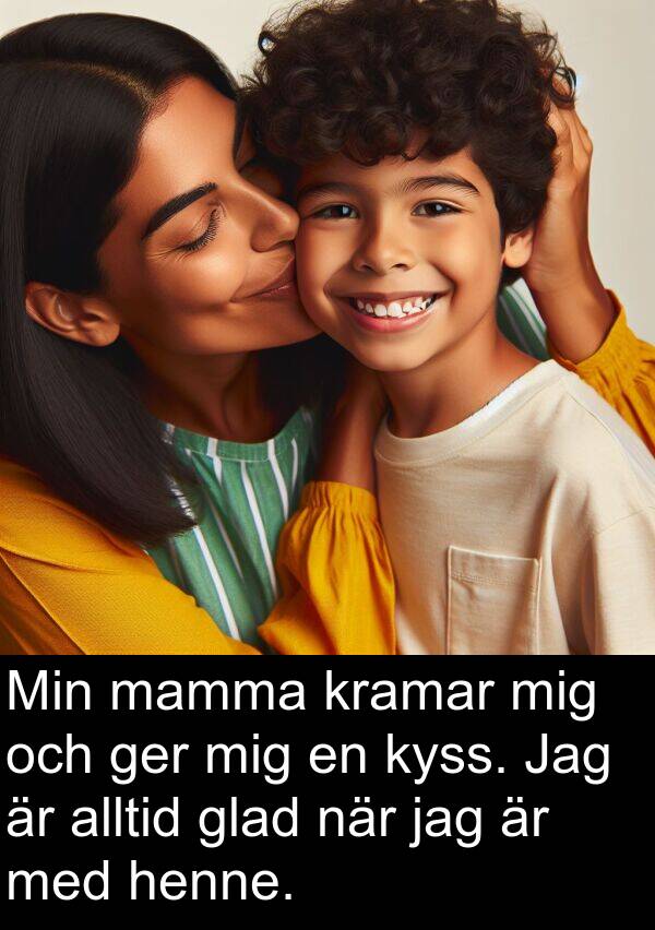 mamma: Min mamma kramar mig och ger mig en kyss. Jag är alltid glad när jag är med henne.