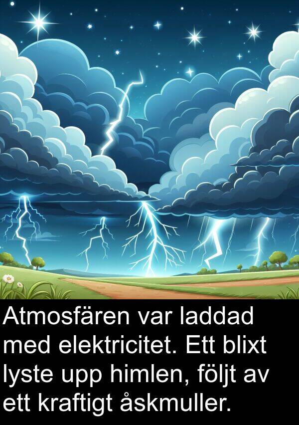 elektricitet: Atmosfären var laddad med elektricitet. Ett blixt lyste upp himlen, följt av ett kraftigt åskmuller.