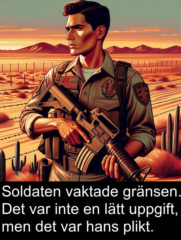 vaktade: Soldaten vaktade gränsen. Det var inte en lätt uppgift, men det var hans plikt.