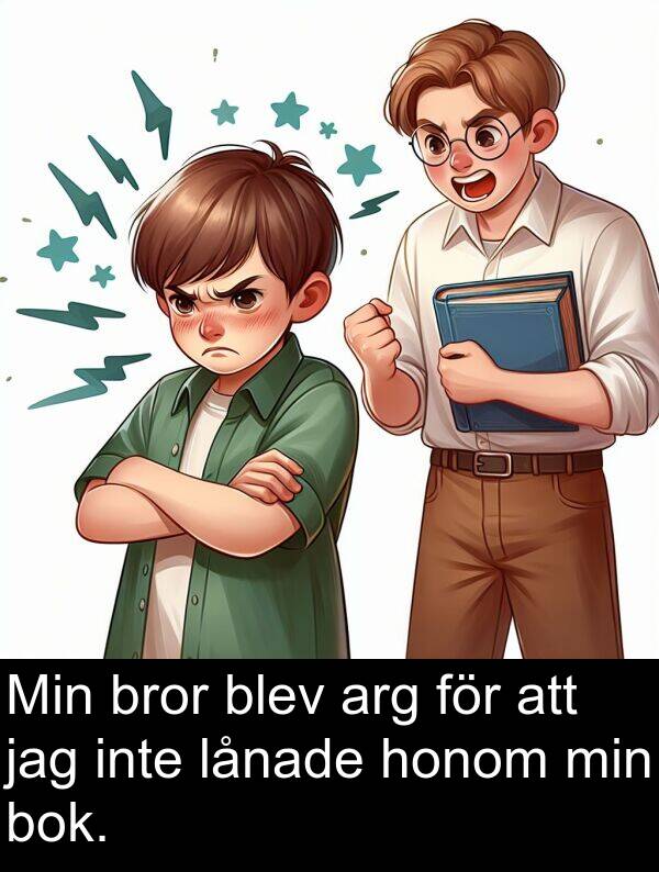 lånade: Min bror blev arg för att jag inte lånade honom min bok.