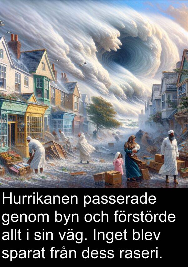 raseri: Hurrikanen passerade genom byn och förstörde allt i sin väg. Inget blev sparat från dess raseri.