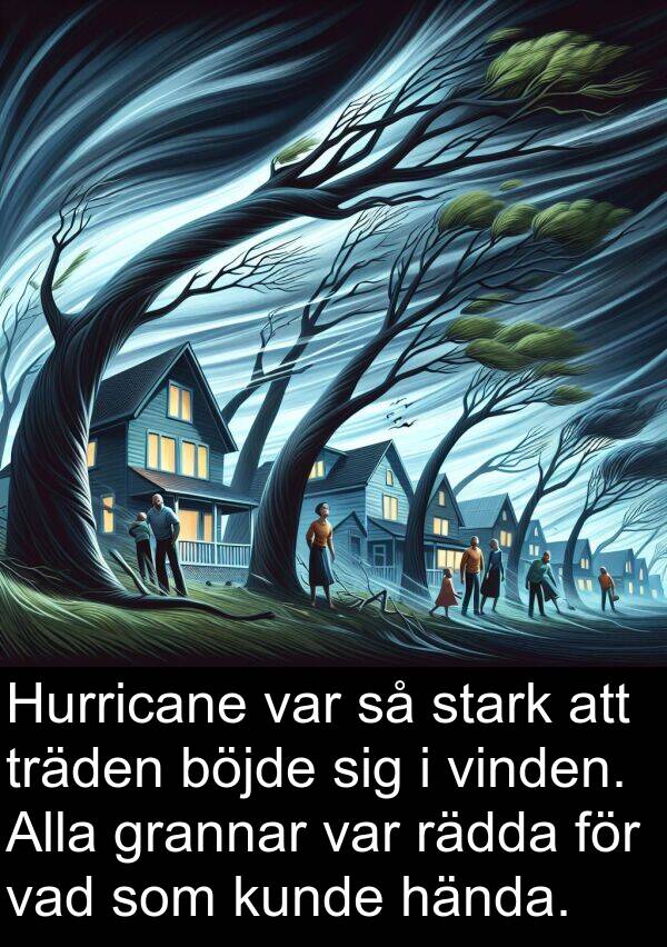 hända: Hurricane var så stark att träden böjde sig i vinden. Alla grannar var rädda för vad som kunde hända.