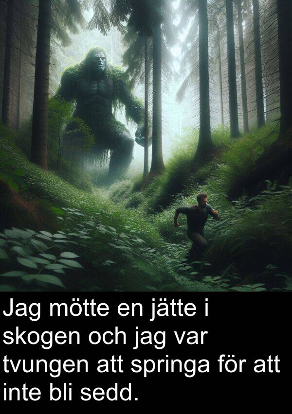 jätte: Jag mötte en jätte i skogen och jag var tvungen att springa för att inte bli sedd.