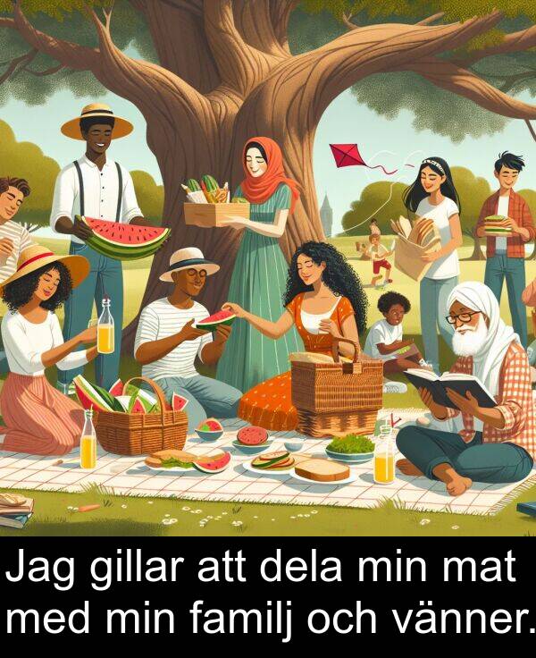 dela: Jag gillar att dela min mat med min familj och vänner.