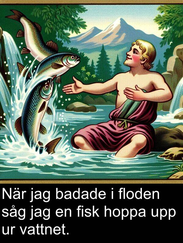 såg: När jag badade i floden såg jag en fisk hoppa upp ur vattnet.