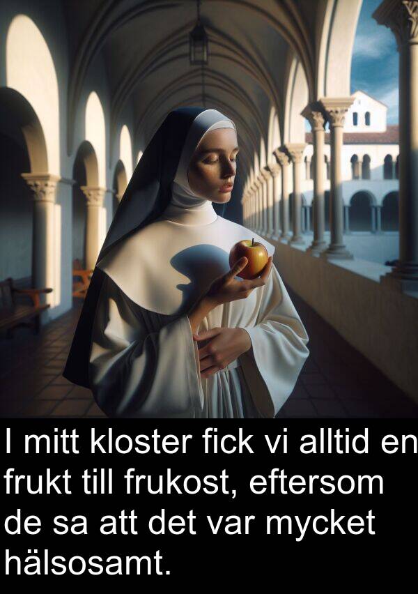 hälsosamt: I mitt kloster fick vi alltid en frukt till frukost, eftersom de sa att det var mycket hälsosamt.