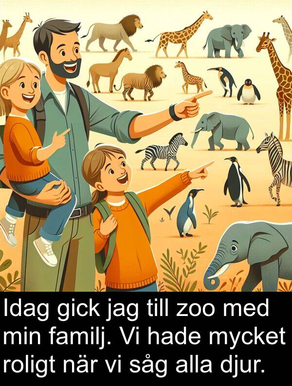 zoo: Idag gick jag till zoo med min familj. Vi hade mycket roligt när vi såg alla djur.