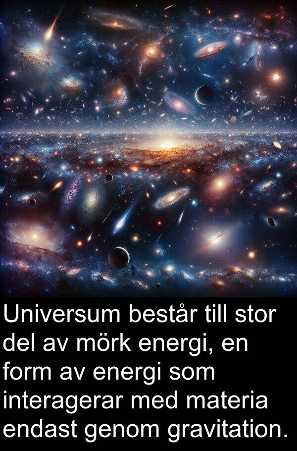 del: Universum består till stor del av mörk energi, en form av energi som interagerar med materia endast genom gravitation.