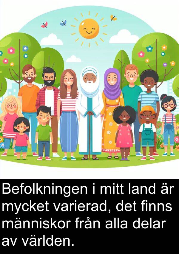 land: Befolkningen i mitt land är mycket varierad, det finns människor från alla delar av världen.