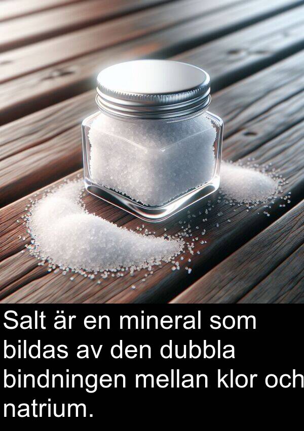 natrium: Salt är en mineral som bildas av den dubbla bindningen mellan klor och natrium.