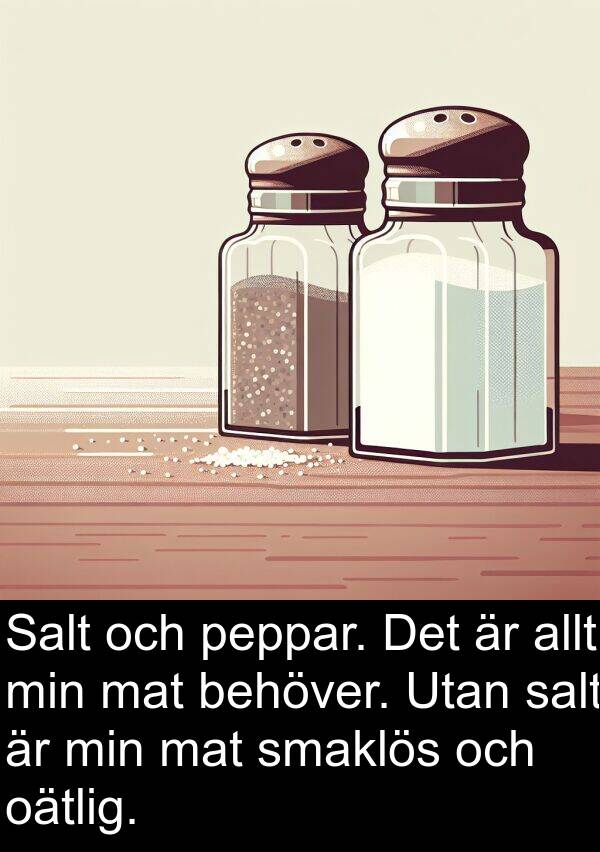 salt: Salt och peppar. Det är allt min mat behöver. Utan salt är min mat smaklös och oätlig.