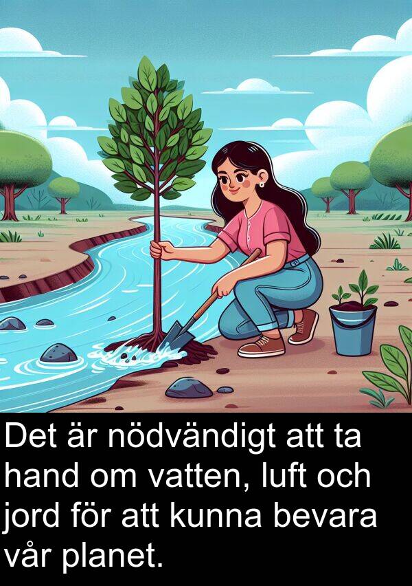 hand: Det är nödvändigt att ta hand om vatten, luft och jord för att kunna bevara vår planet.