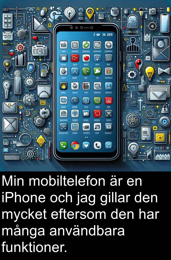 eftersom: Min mobiltelefon är en iPhone och jag gillar den mycket eftersom den har många användbara funktioner.