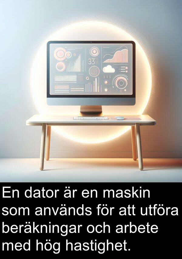 dator: En dator är en maskin som används för att utföra beräkningar och arbete med hög hastighet.