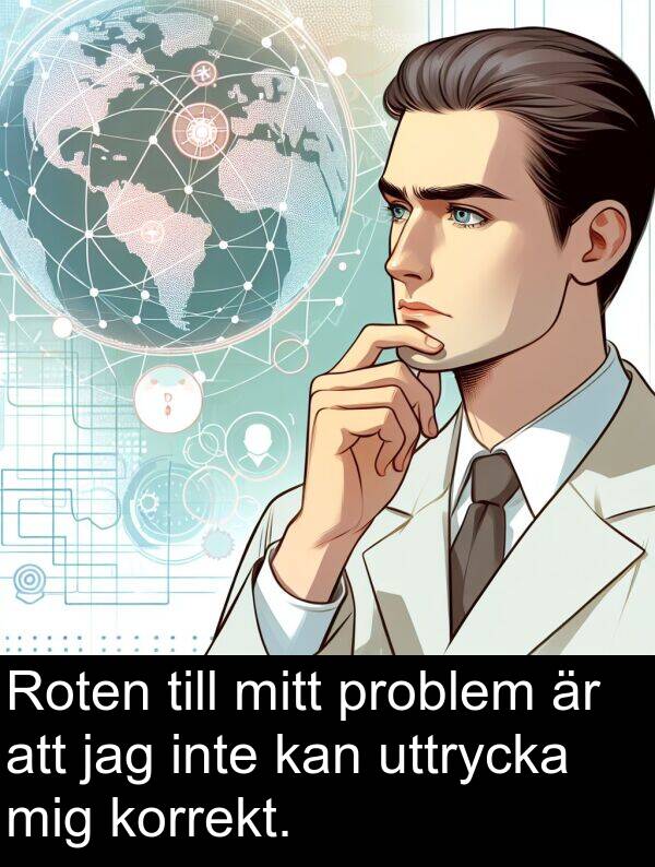 mitt: Roten till mitt problem är att jag inte kan uttrycka mig korrekt.