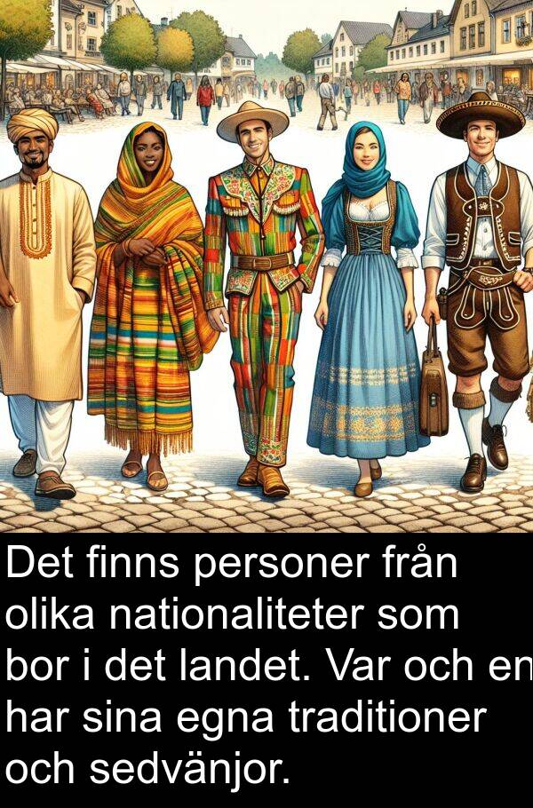 olika: Det finns personer från olika nationaliteter som bor i det landet. Var och en har sina egna traditioner och sedvänjor.