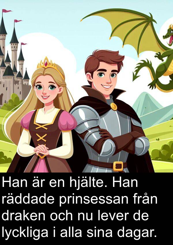 räddade: Han är en hjälte. Han räddade prinsessan från draken och nu lever de lyckliga i alla sina dagar.