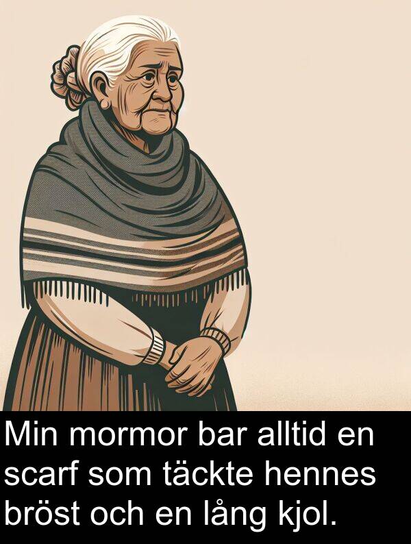 täckte: Min mormor bar alltid en scarf som täckte hennes bröst och en lång kjol.