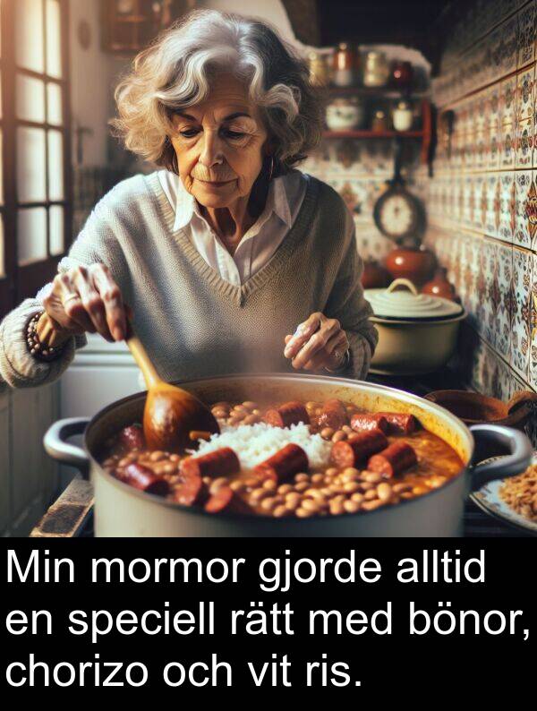 chorizo: Min mormor gjorde alltid en speciell rätt med bönor, chorizo och vit ris.