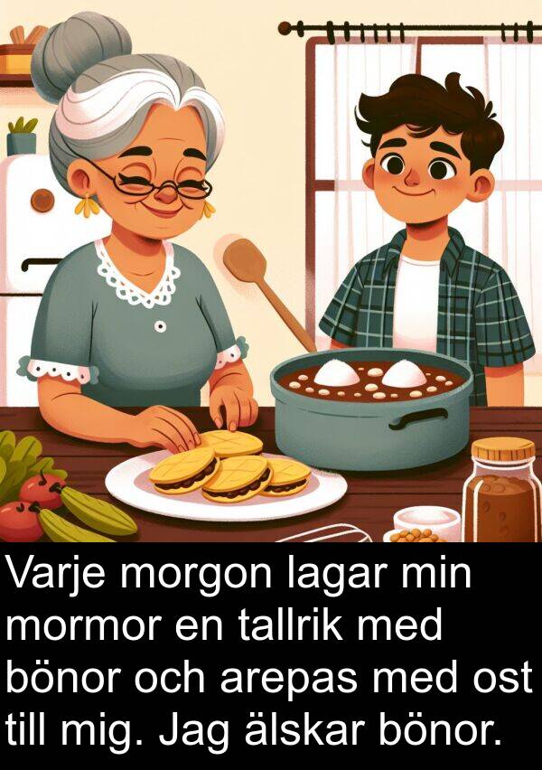 tallrik: Varje morgon lagar min mormor en tallrik med bönor och arepas med ost till mig. Jag älskar bönor.