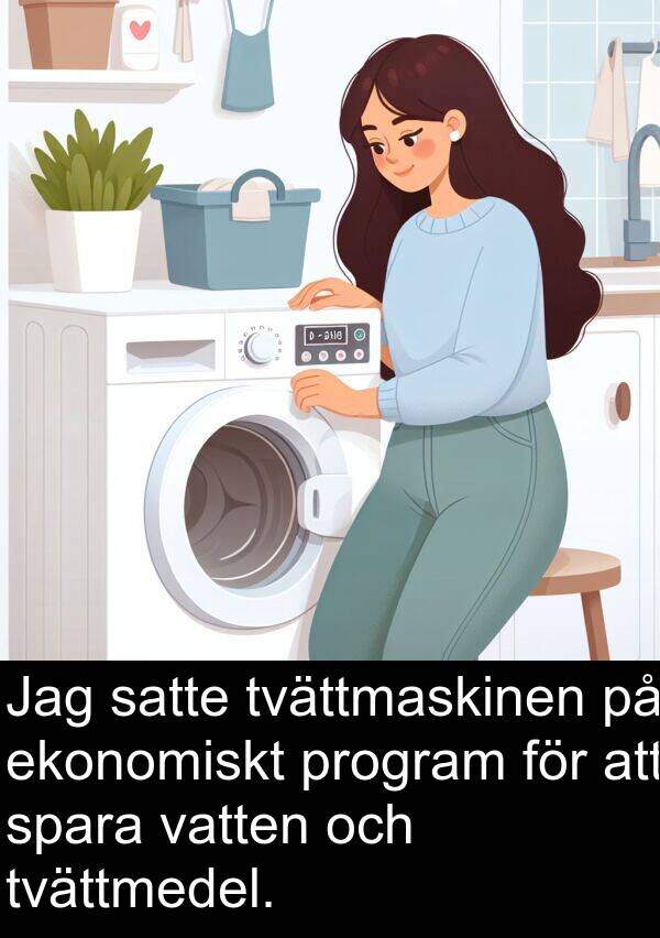 ekonomiskt: Jag satte tvättmaskinen på ekonomiskt program för att spara vatten och tvättmedel.