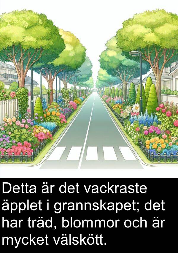 äpplet: Detta är det vackraste äpplet i grannskapet; det har träd, blommor och är mycket välskött.