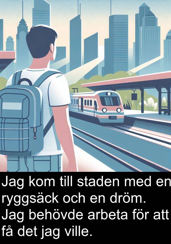 kom: Jag kom till staden med en ryggsäck och en dröm. Jag behövde arbeta för att få det jag ville.